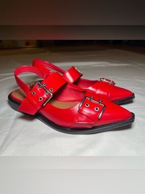 Womens Red Buckle Pointed Toe Mary Jane Ballet Flats 7
